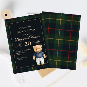 Classic Polo Teddy Bear Preppy Plaid Baby Shower Invitation