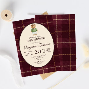 Classic Polo Teddy Bear Preppy Plaid Baby Shower Invitation