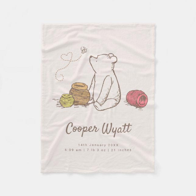 Classic Pooh and Honey Pots Birth Stats Fleece Blanket (Front)