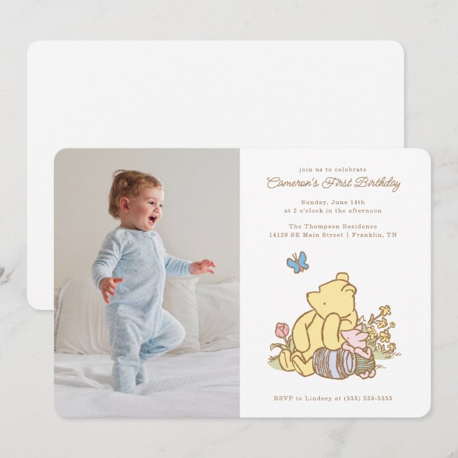 Classic Pooh and Piglet First Birthday - Photo Invitation (Front/Back)