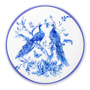 Classic Porcelain Blue Peacocks White Background Ceramic Knob