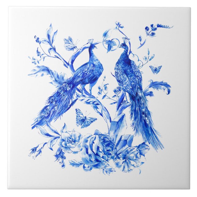 Classic Porcelain Blue Peacocks White Background Tile (Front)