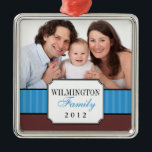 Classic portrait blue stripe band Christmas photo Metal Ornament<br><div class="desc">Mark your favourite family moment with this easy to customize holiday ornament. Design features your portrait with a classically notched corners frame bearing your family name. and year. Deck the halls with some personality! Preserve your life moments with these quality holiday ornaments so your family may cherish them every year....</div>