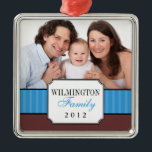 Classic portrait blue stripe band Christmas photo Metal Ornament<br><div class="desc">Mark your favourite family moment with this easy to customize holiday ornament. Design features your portrait with a classically notched corners frame bearing your family name. and year. Deck the halls with some personality! Preserve your life moments with these quality holiday ornaments so your family may cherish them every year....</div>