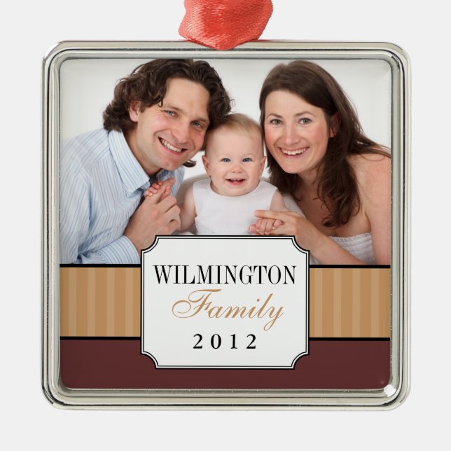 Classic portrait brown stripe band Christmas photo Metal Ornament (Front)