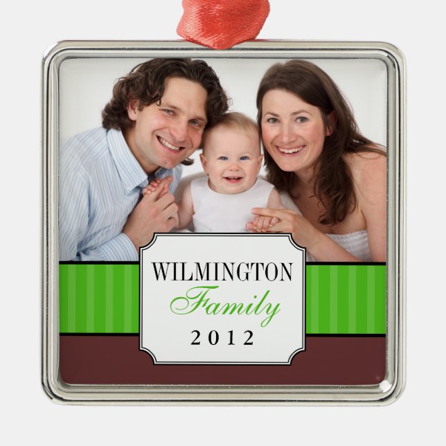 Classic portrait green stripe band Christmas photo Metal Ornament (Front)