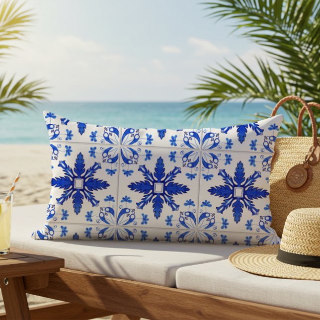 Classic Portuguese Tile Pattern Blue White Lumbar Pillow (Creator Uploaded)