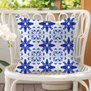Classic Portuguese Tile Pattern Blue White Outdoor Pillow