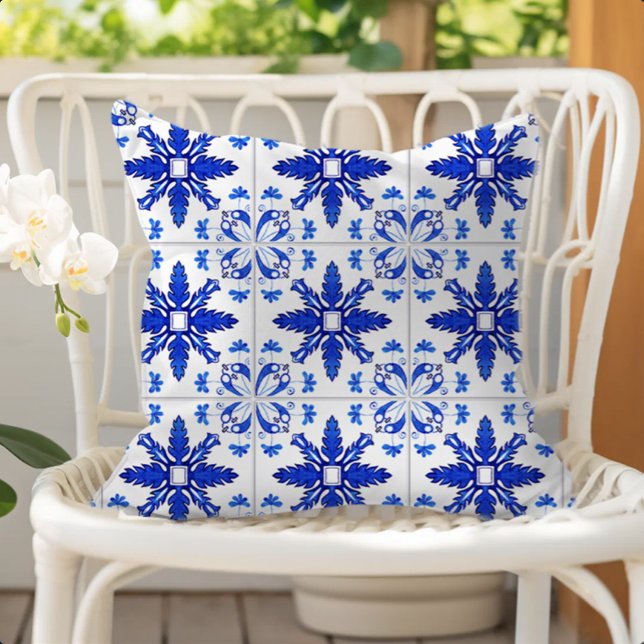 Classic Portuguese Tile Pattern Blue White Outdoor Pillow (Creator Uploaded)