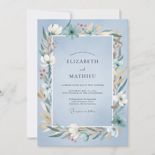 Classic Powder Azure Leafy Wedding Invitation (Front)