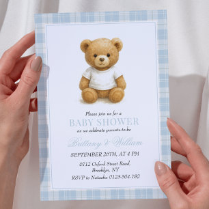 Classic Preppy Bear Blue Plaid Baby Shower Invit Invitation