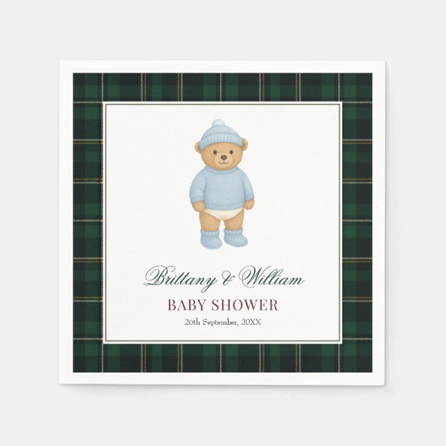 Classic Preppy Bear Designer Plaid Baby Shower Napkin (Front)