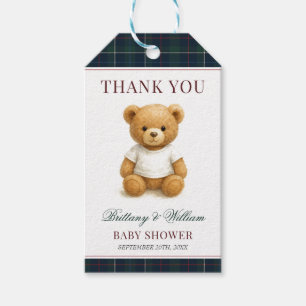 Classic Preppy Bear Green Plaid Baby Shower  Gift Tags