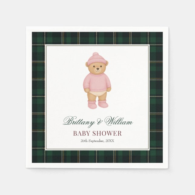 Classic Preppy Bear Green Tartan Plaid Baby Shower Napkin (Front)