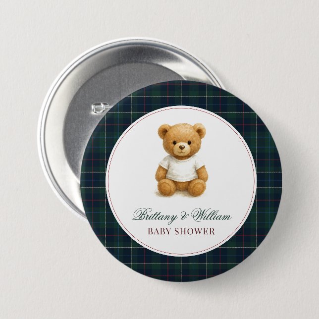 Classic Preppy Bear Plaid Baby Shower  3 Inch Round Button (Front & Back)