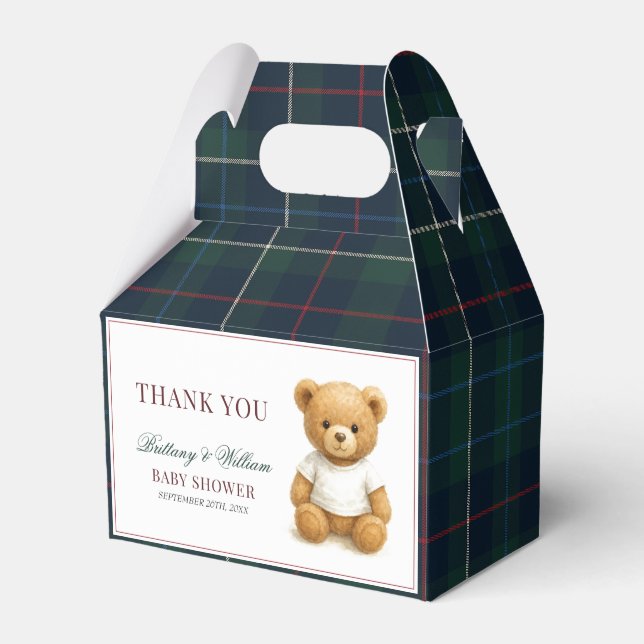Classic Preppy Bear Plaid Baby Shower  Favor Box (Front Side)