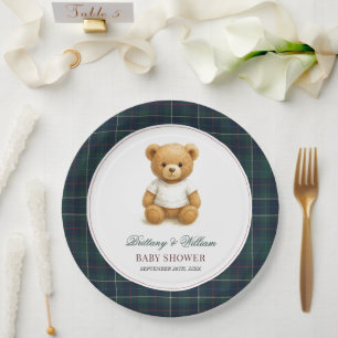 Classic Preppy Bear Plaid Baby Shower Paper Plate