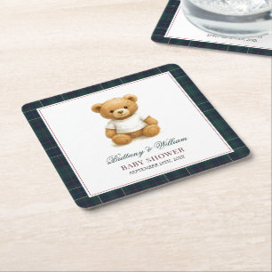 Classic Preppy Bear Plaid Baby Shower  Square Paper Coaster