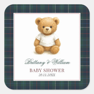 Classic Preppy Bear Plaid Baby Shower  Square Sticker