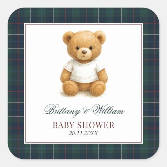 Classic Preppy Bear Plaid Baby Shower  Square Sticker (Front)