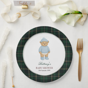 Classic Preppy Bear Tartan Baby Shower Paper Plate