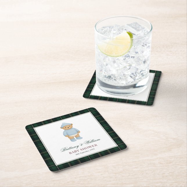 Classic Preppy Bear Tartan Plaid Baby Shower Square Paper Coaster (Insitu)