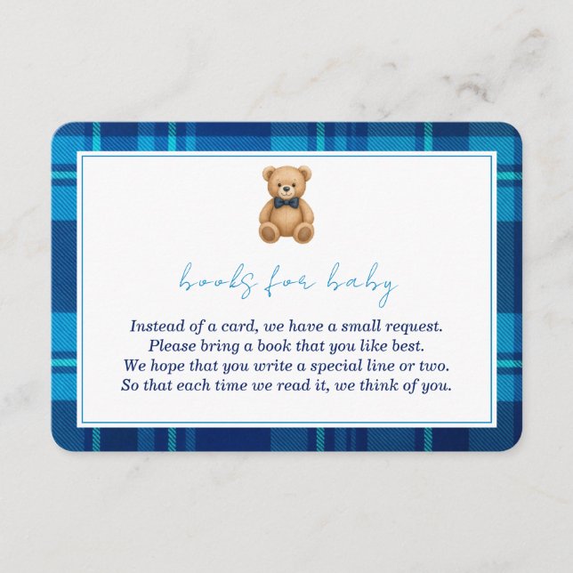 Classic Preppy Blue Plaid Bear Books for Baby Enclosure Card (Front)