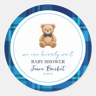 Classic Preppy Blue Plaid Teddy Bear Baby Shower Round Sticker