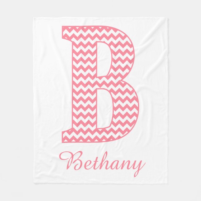 Classic Preppy Pink Chevron Letter B Monogram Baby Fleece Blanket (Front)