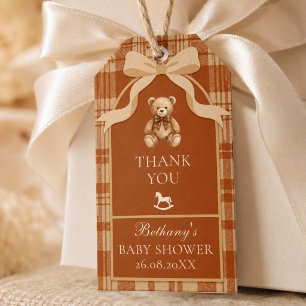 Classic Preppy Teddy Bear Burnt Orange Plaid Gift Tags