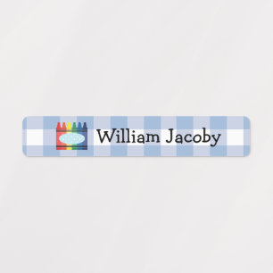 Classic Primary Crayon Blue Plaid Name Labels