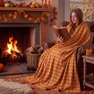 Classic Pumpkin Fall Autumn Gingham Plaid Check Fleece Blanket