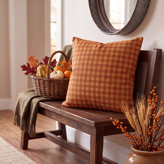 Classic Pumpkin Fall Autumn Gingham Plaid Check Throw Pillow (Creator Uploaded)