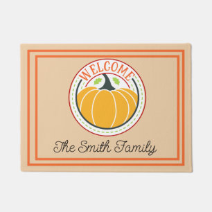 Classic Pumpkin Family Name Orange White Welcome Doormat