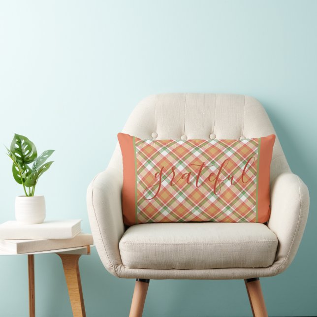 Classic Pumpkin Orange Autumn Green Tartan Pattern Lumbar Pillow (Chair)