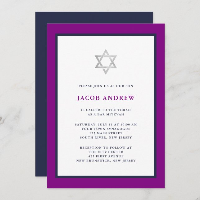 Classic Purple and Dark Blue | Bar Mitzvah Invitation (Front/Back)