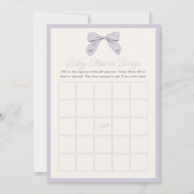 Classic Purple Bow Baby Shower Game Bingo Card (Front)