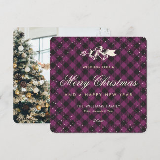 Classic Purple Buffalo Plaid Snow Photo Holiday Card