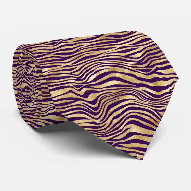 Classic Purple Gold Tiger Print Illustration Tie (Rolled)