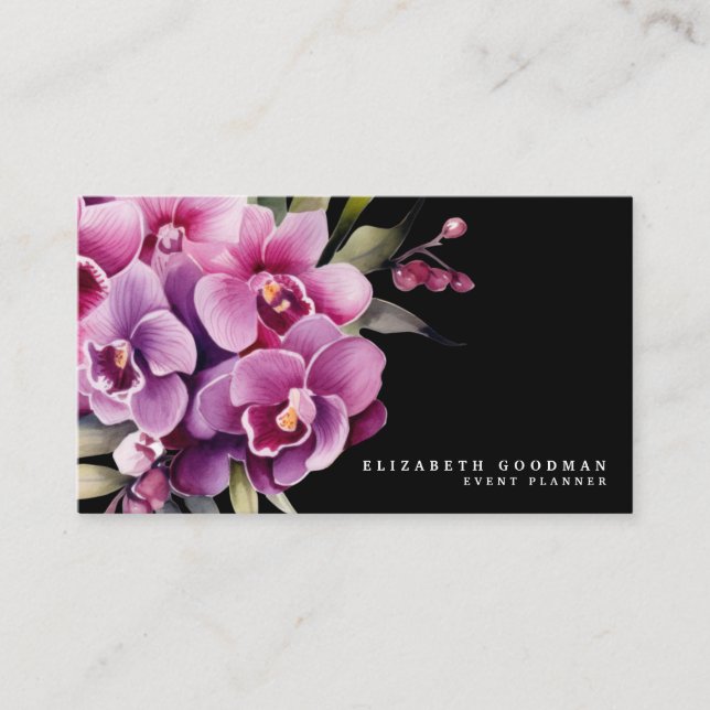 Classic Purple Orchids Black Business Cards (Front)