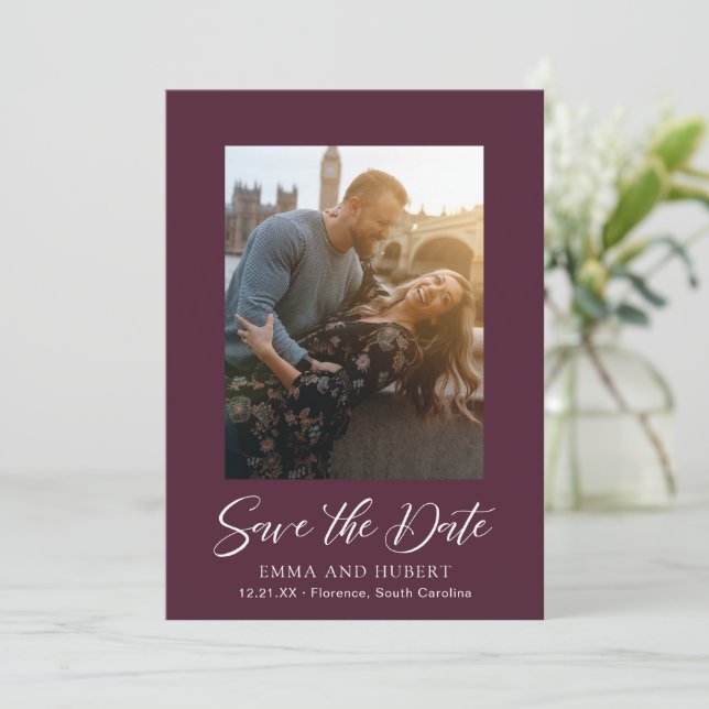 Classic Purple Photo Elegant Wedding Save The Date (Standing Front)