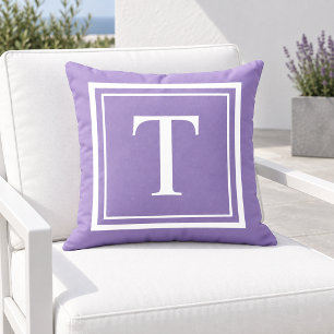 Classic Purple White Square Frame Monogram Outdoor Pillow