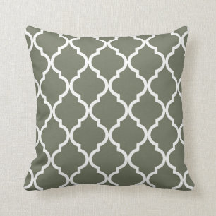 Classic Quatrefoil Pattern Olive Green and White Throw Pillow