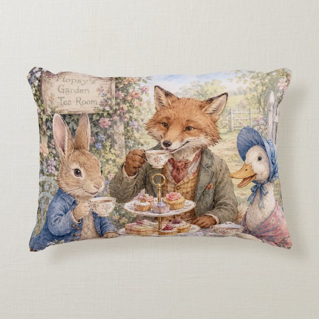 Classic Rabbit Duck Fox Afternoon Tea Time Accent Pillow (Front)