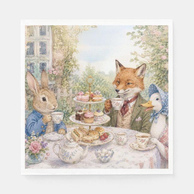 Classic Rabbit Duck Fox Afternoon Tea Time Napkin (Front)