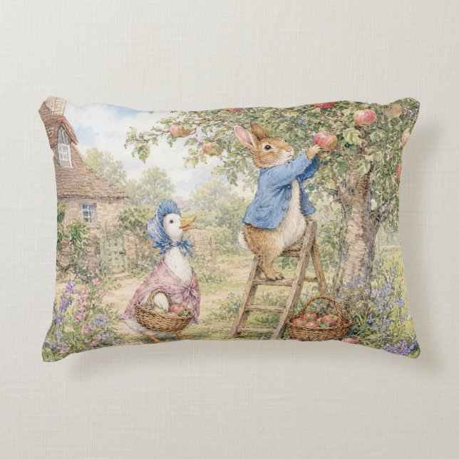 Classic Rabbit Duck picking apples Accent Pillow (Front)