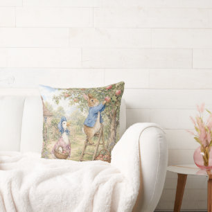 Classic Rabbit Duck picking apples Throw Pillow