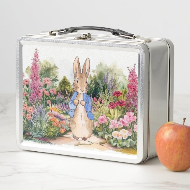 Classic rabbit in a garden metal lunch box (In Situ)