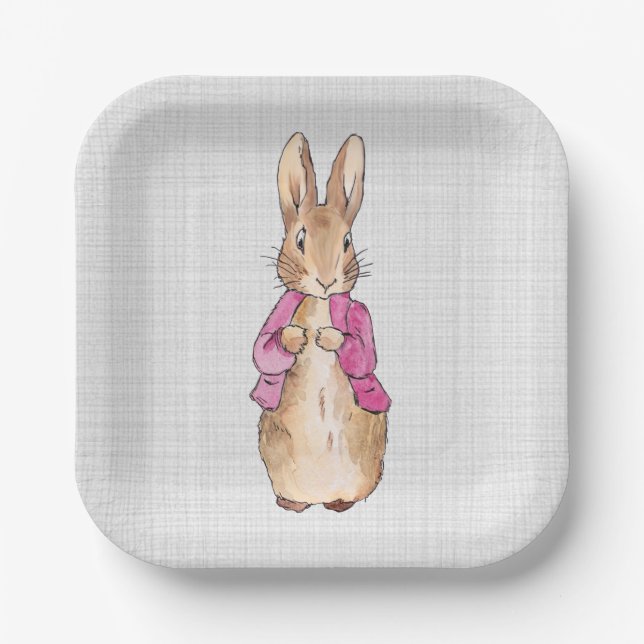 Classic Rabbit Pink Jacket Gray Linen    Paper Plate (Front)