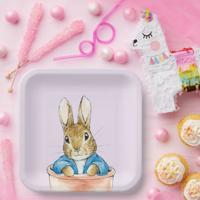 Classic rabbit sitting in plant pot paper plate (Party)